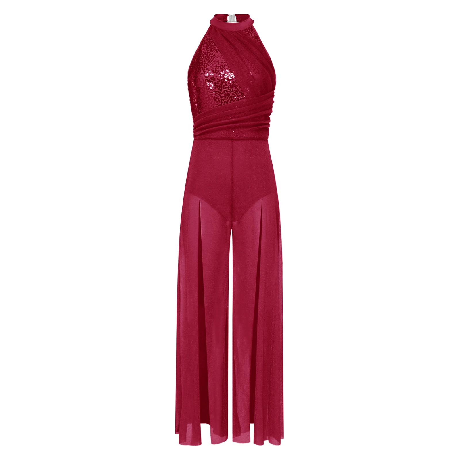 

Womens Lyrical Modern Dance Jumpsuit Halter Sequin Top Mesh Split Wide-leg Bodysuit for Latin Dance Showcase Gala Championship