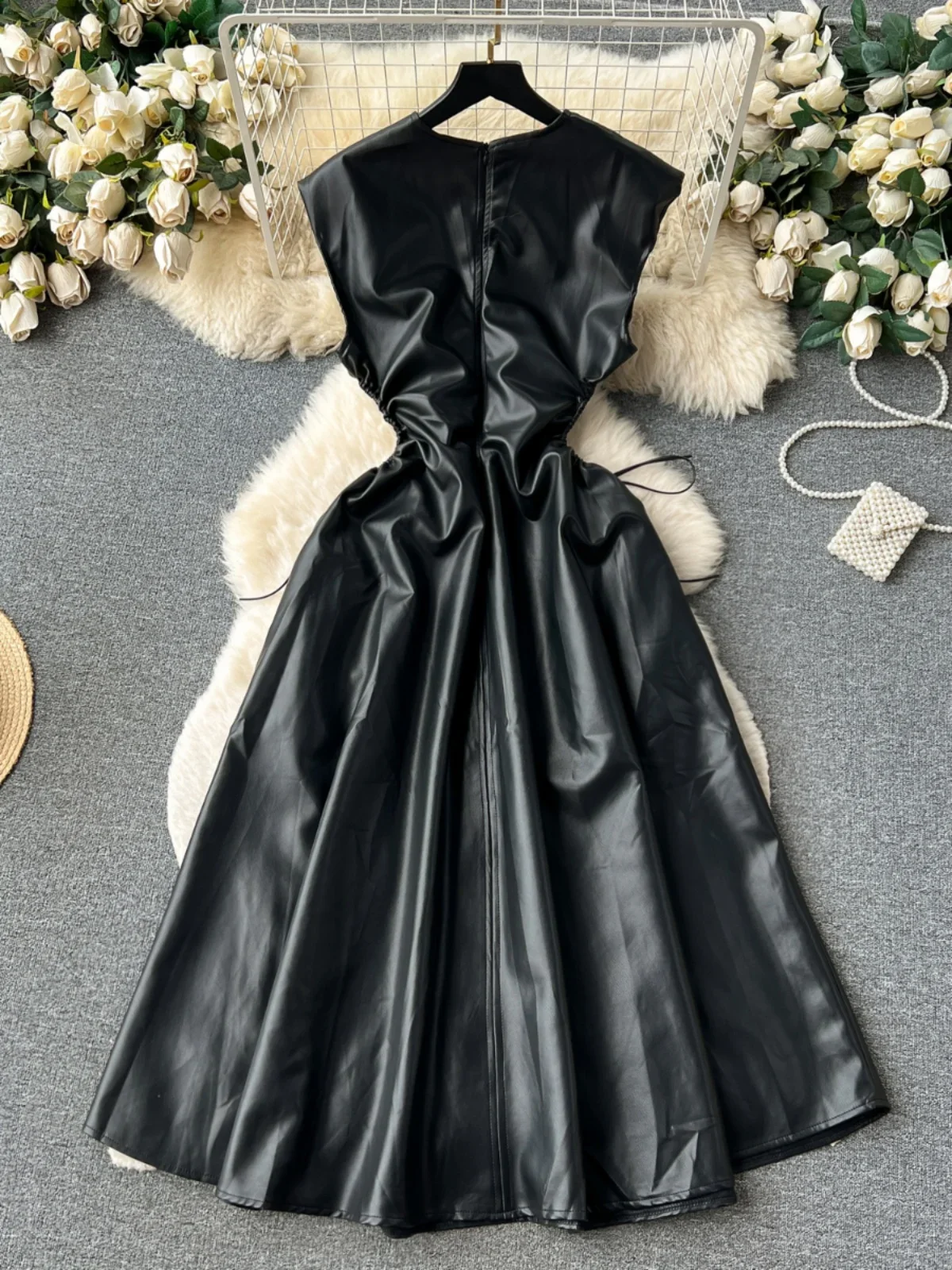 KUSAHIKI Spicy Girl Style Sleeveless Leather Dress for Women Autumn Drawstring Waist V-neck Hollow Out PU Design Long Dresses