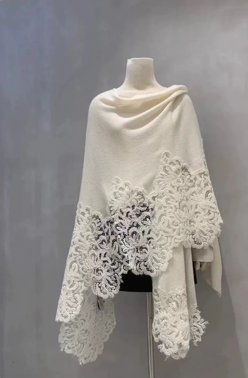 Luxury Cashmere Cape Women Floral Lace Trim Poncho Shawl Elegant Evening Wrap White Black Pink Haute Party Pashmina