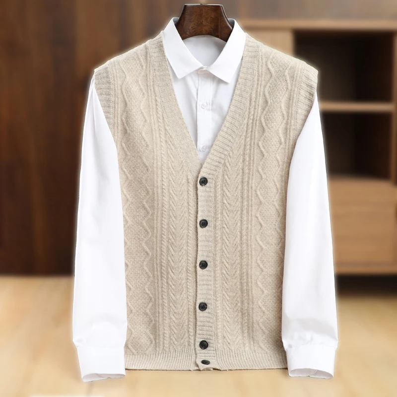 Men's V-neck Waistcoat Sleeveless Sweater Wool Cardigan Vest Autumn Winter Cashmere Twist Flower 100% Merino Wool Knitwear Tops