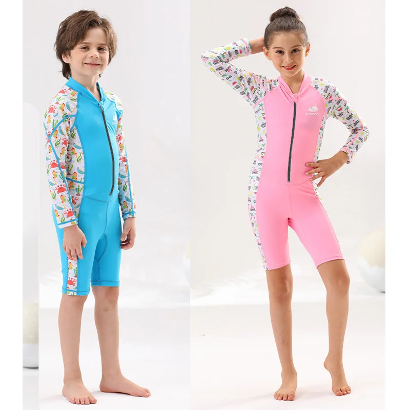 Costumi da bagno per ragazze/ragazzi-costume intero, cerniera a maniche lunghe con pantaloncini da bambino costumi da bagno da spiaggia ad