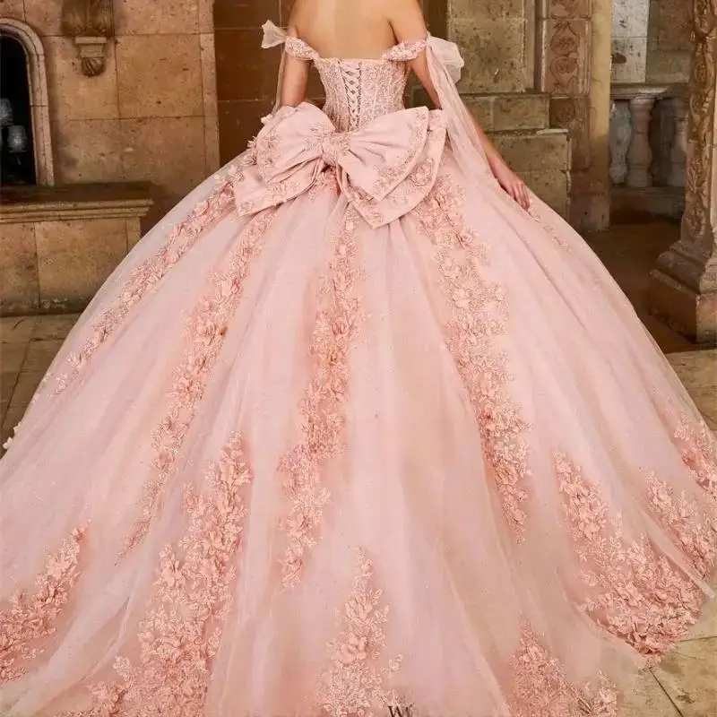 Pink Princess Off Shoulder Ball Gown Quinceanera Dresses Mexico Beaded 3D Flowers Ruffles Sweet 16 Dress Birthday Gowns Lace-up