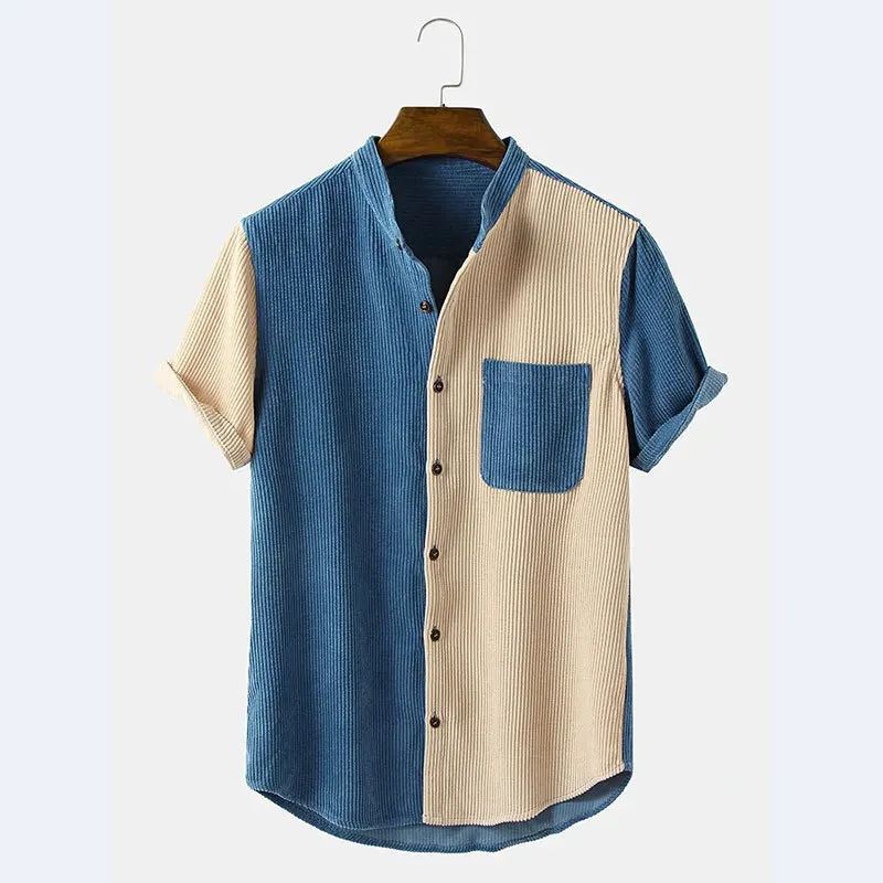 

Summer Fashion Splicing Youth Shirt Men's Corduroy Stand-Up Collar Striped Short Sleeves