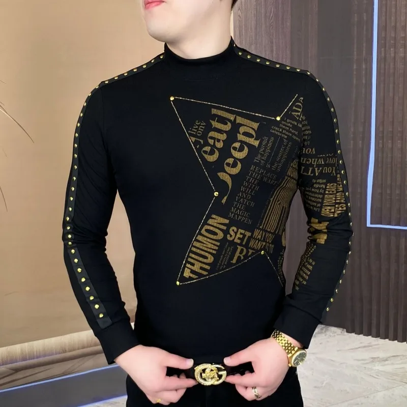 Outono e inverno moda masculina moletom de manga comprida para homem fino e elegante lapela à prova de frio casual na moda camiseta