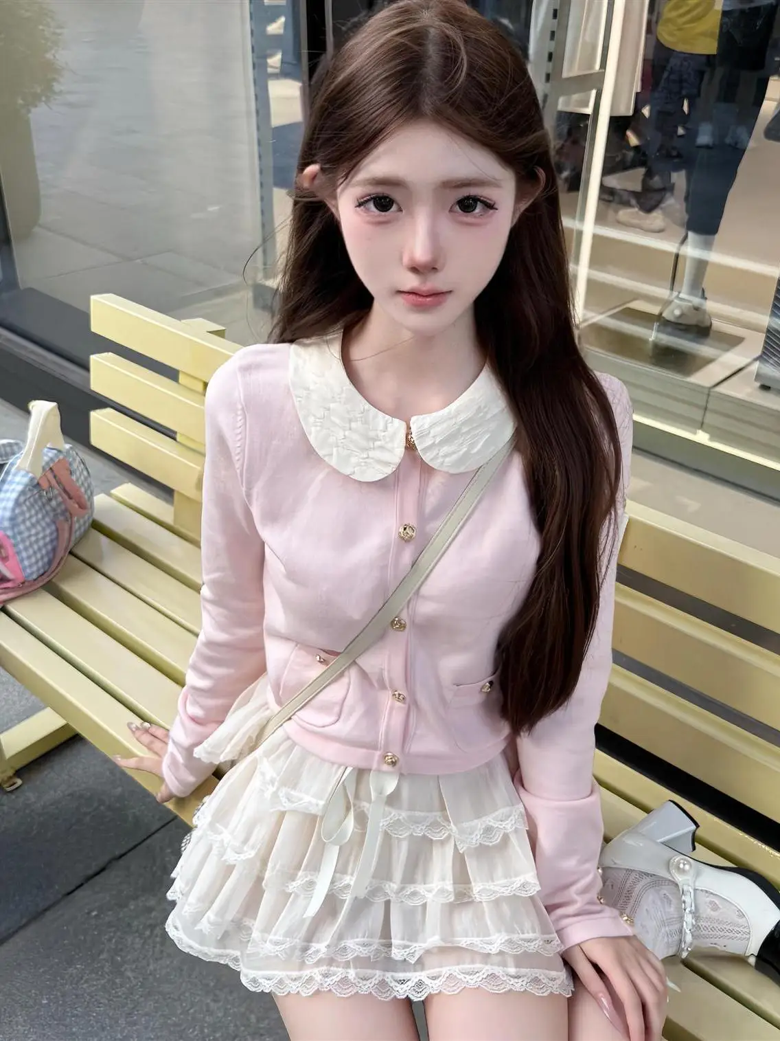

Pink Detachable Doll Collar Knitted Cardigan Outerwear Early Autumn Top Princ Sle Faion Set Women's Long Sve