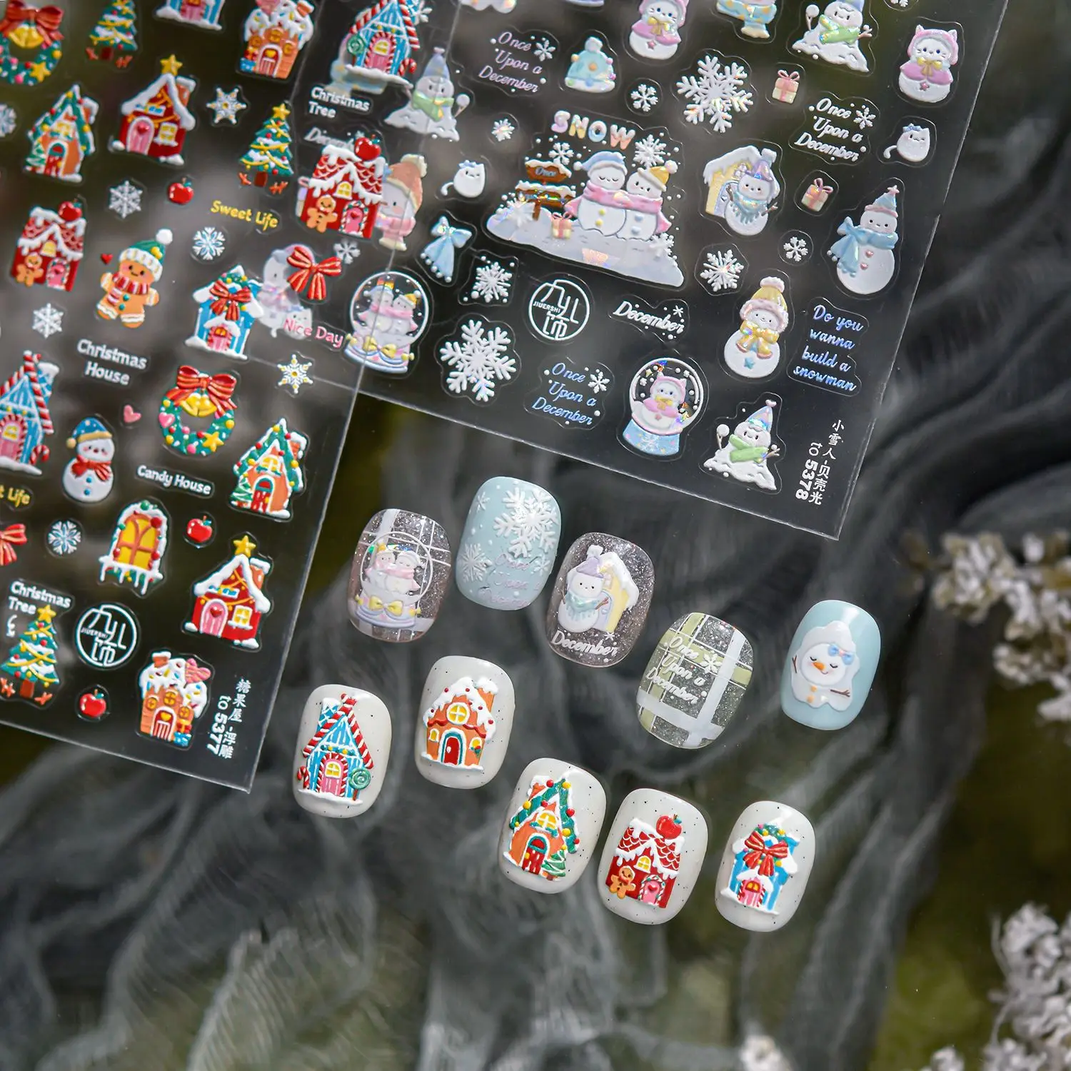 5D Embossed Nail Stickers Winter Dreamy Snowman Christmas Wreath House Bow Snowflake Nail Art Accessory Stickers DIY Nails Decal