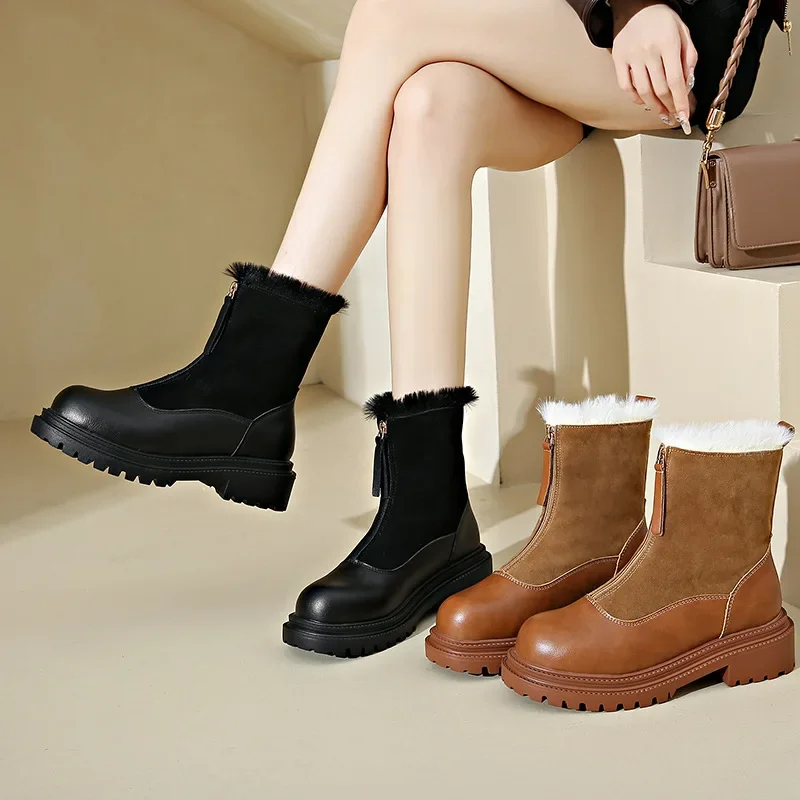 

2025 Vintage Thick Soled Warm Pu Leather Ankle Boots for Women Winter Fashion Non Slip Boot Woman Platform Plush Lace Up Cotton