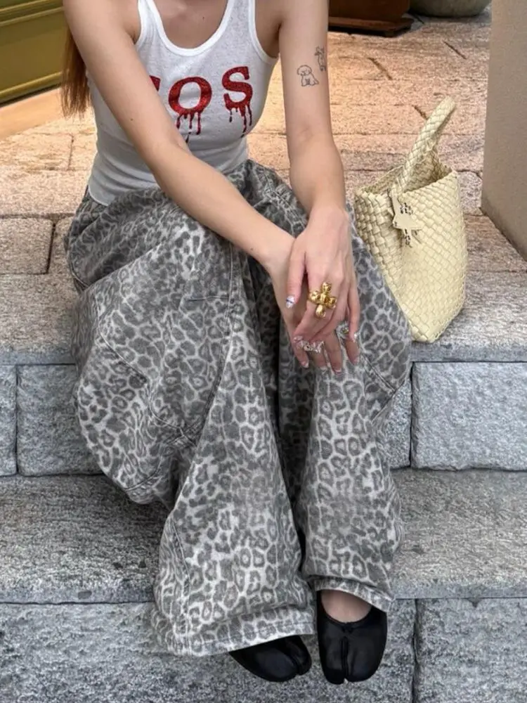 جينز ريترو قديم مغسول بطبعة الفهد عالي الخصر للنساء Y2k جينز فضفاض واسع الساق