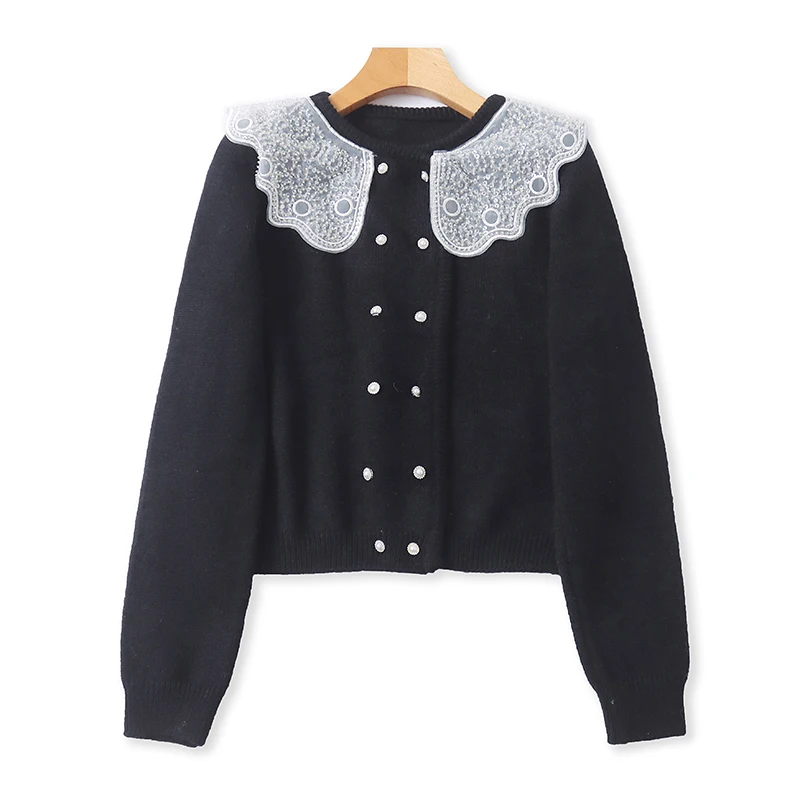 

Faionable Long Sve Knitted Cardigan Double Button Pearl Embellied Large Collar Spring Autumn New Sle Women's Top