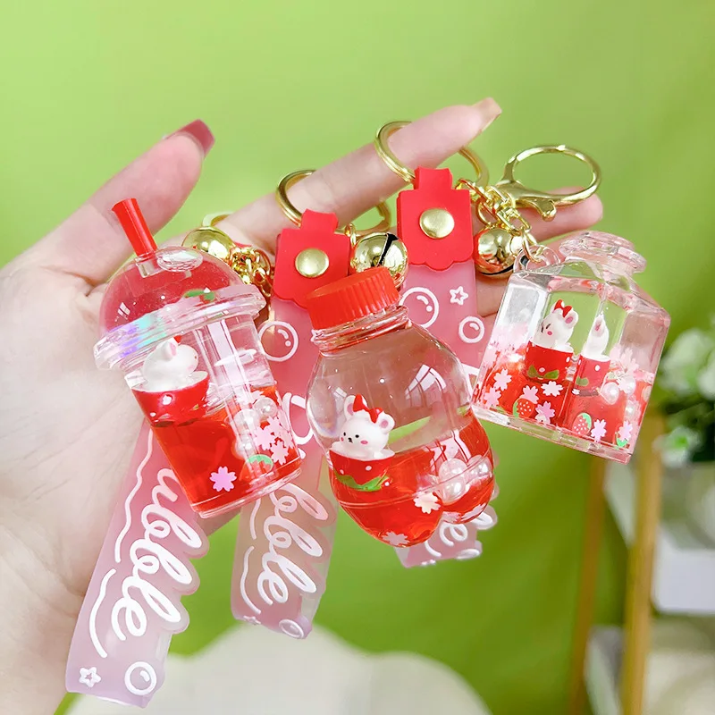Liquid Oil Luminous Ice Cube Shape Keychain Cute Floating Quicksand Rabbit Keyring Women Girl Bag Pendant Key Chain Gifts