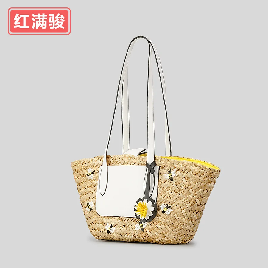 Women's Straw Handbag Flower Woven Summer Beach Messenger Tote Bag Basket Shopper Purse