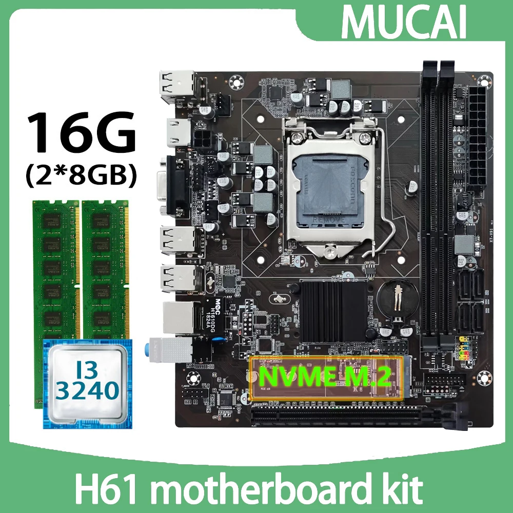 

MUCAI H61 Motherboard DDR3 16GB(2*8GB) 1600MHZ RAM Memory With Intel Core i3 3240 CPU Processor And LGA 1155 Kit Set PC Computer