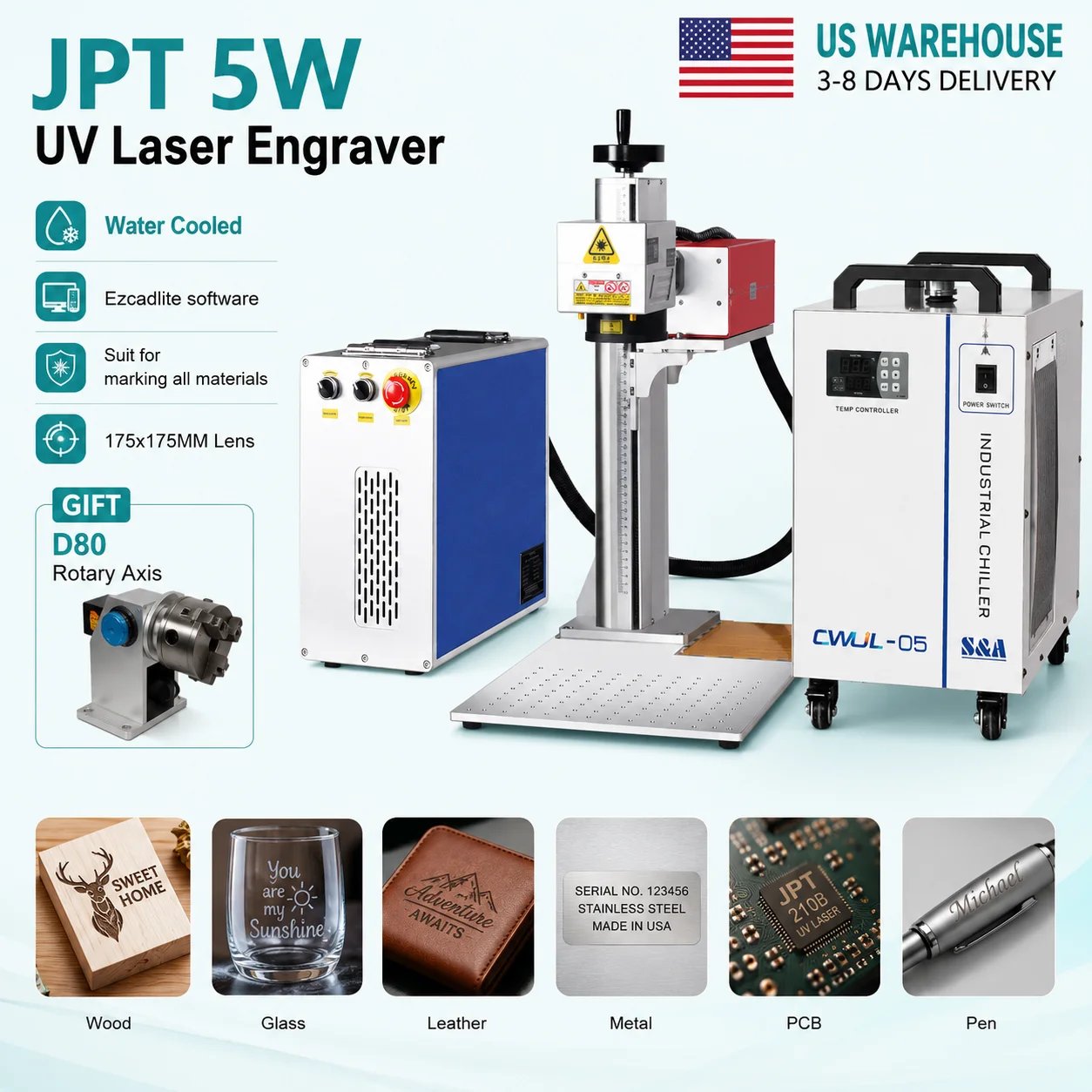 JPT UV Laser Marking Machine 355nm 5W UV Laser Engraver JPT UV Laser For Glass/Wood/Acrylic/Leather Water Cooled 175X175MM Lens With Rotary Axis