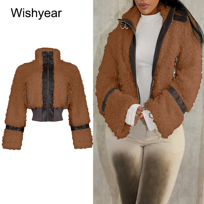 

Женское зимнее теплое лоскутное кожаное пальто с высоким воротом и длинными рукавами на молнии, повседневное облегающее модное уличное пальто на флисовой подкладке