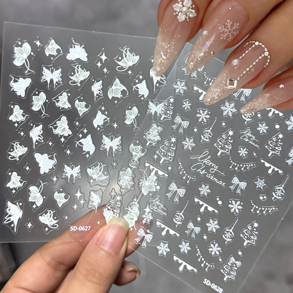 

2Pcs Merry Christmas White Snowflake Nail Sticker 5D Xmas Tree Bow Butterfly Flower Nail Decals Winter Festival Manicure Slider*