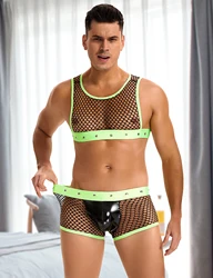 Erotic Lenceria Sexy Lingеrie Set Fetish Mens Pajama Sets Plus Size Matching Sets Green Sissy Hollow Out Fishnet Sleepwear Homme