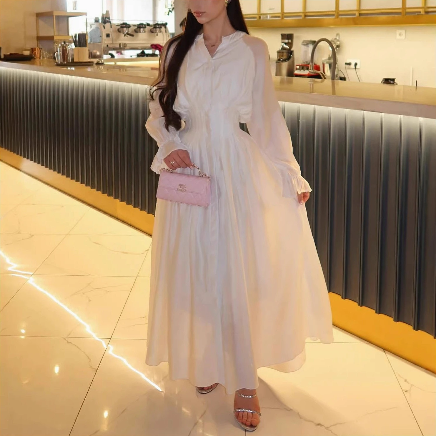 Weißes langes Damen-Hemdblusenkleid A-Linie Vestidos Y2K Streetwear V-Ausschnitt ausgestellte Ärmel elegant hohe Taille Party Abend Arbeit 2026