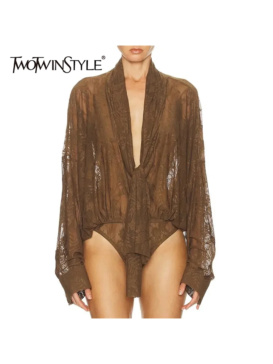 TWOTWINSTYLE Hollow Out Sheer Spliced Appliques Sexy Rompers for Women V Neck Long Sleeves Patchwork Lace Up Romper Female New