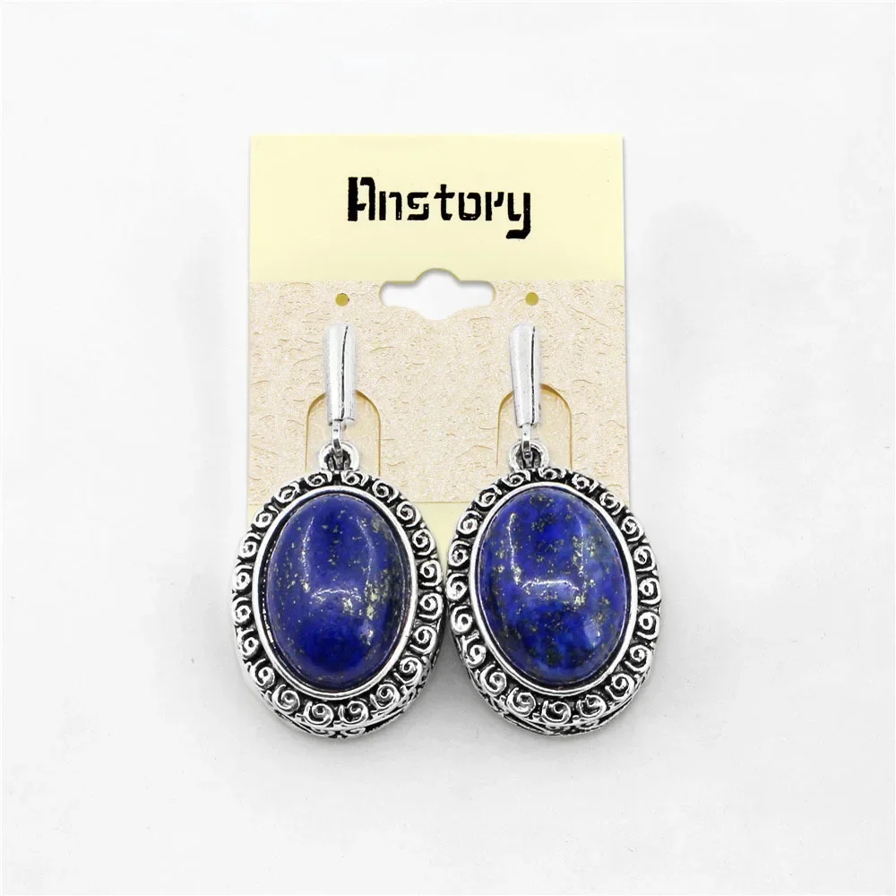 Natural Lapis Lazuli Earrings Snail Flower Pendant For Women Vintage Antique Silver Plated Fashion Jewelry Anniversary Gift