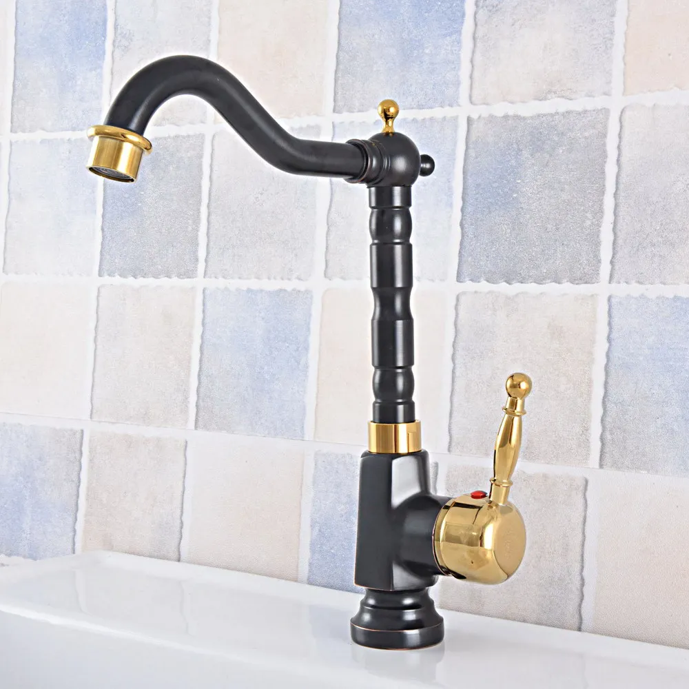 Kitchen Faucet Bathroom Sink Basin Mixer Tap Black & Gold Brass Faucet 360 Swivel Spout  tsf798