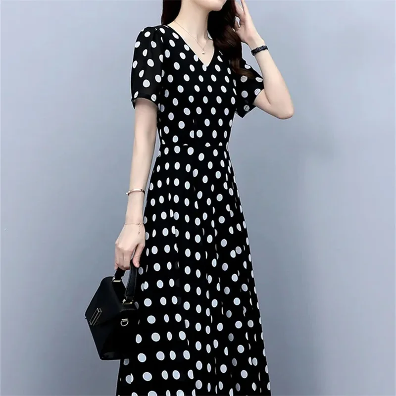 여성용 우아한 시폰 맥시 원피스, 웨이브 포인트 롱 미디 바디콘, 캐주얼 비치 무도회 로브, 2024 여름 드레스