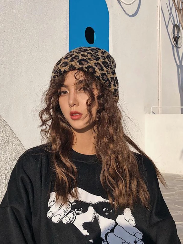 Leopard Print Woolen Hat Plankton Young Autumn Winter Girl  All Vintage Knit Cap Couple Korean Trend Bonnets for Women