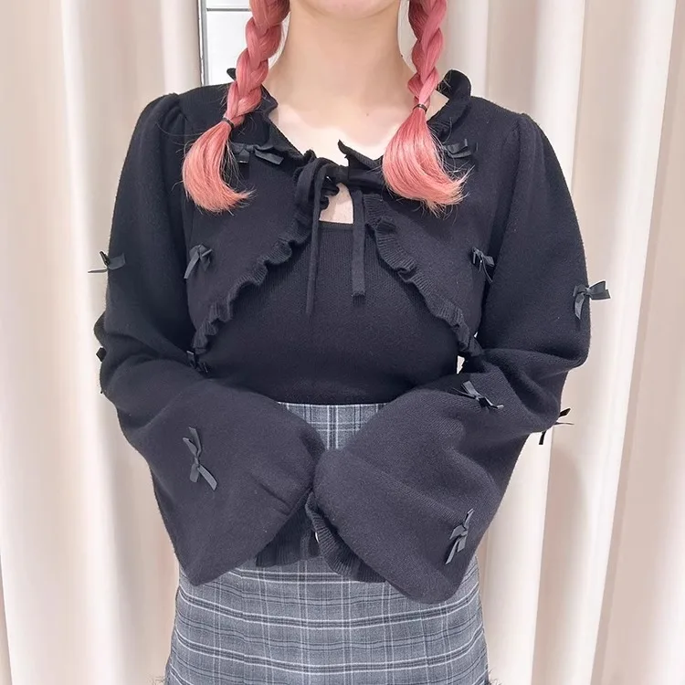 일본식 달콤한 우아한 레이스 업 보우 랜턴 슬리브 짧은 카디건 니트 민소매 슬링 탑 다목적 투피스 세트 여성