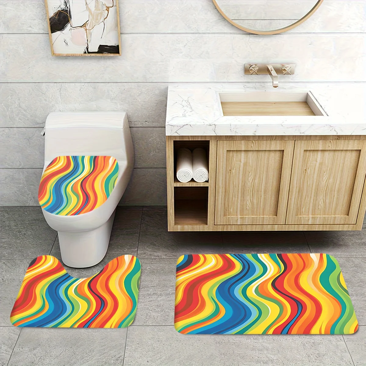 

3pcs Modern Abstract Bath Mat Set with Toilet Lid Cover & U-Shaped Toilet Mat - Soft Non-Slip Bath Rug, Multicolor Pastel Rainbo