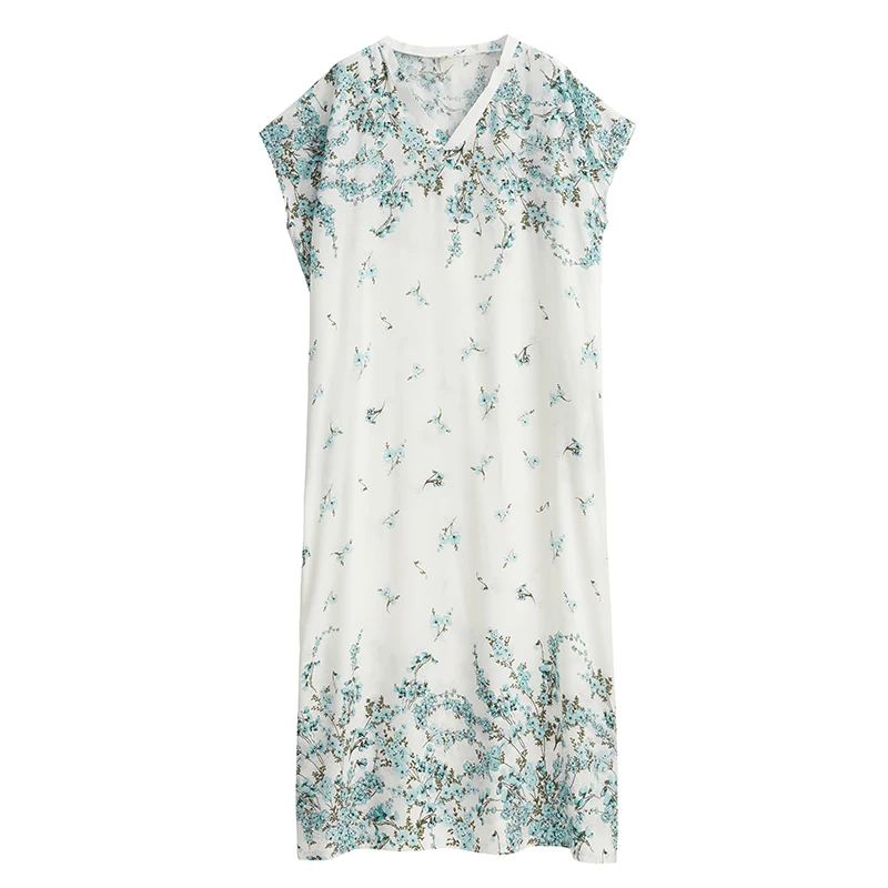 N Lange Gedrukt Dr V-Ne Knielange Katoen Zijden Gewaad Zomer Nieuwe Sle Fre Bloemen Damesjurk H-ape A-lijn Dr
