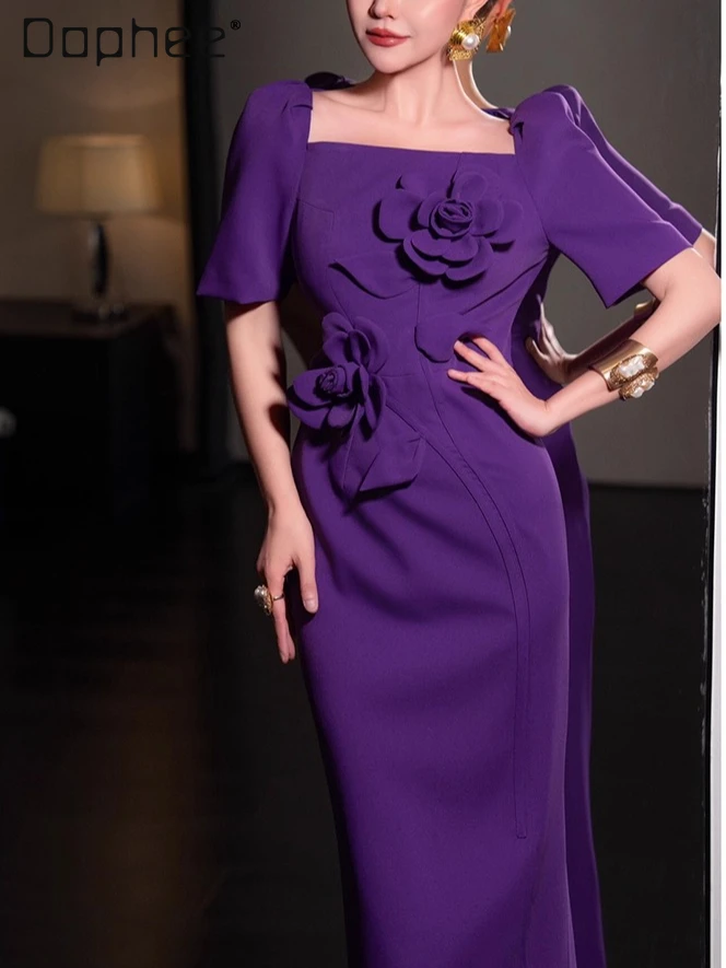 

High-end Three-dimensional Flower Square Collar Slim Elegant Professional Suit Dress for Women Light Luxury Evening Dresses