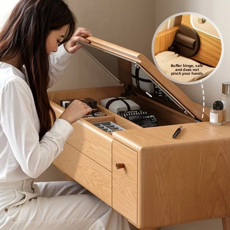 ek-flip cover makeup table with mirror wooden simple dressing table small apartment tocador espejo taburete bedroom furniture- view 5