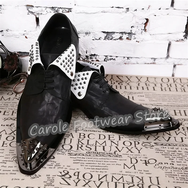 

Мужские деловые туфли-оксфорды на шнуровке с заклепками, отворотом по краю, металлическим острым носком, массивным каблуком и комбинированным цветом