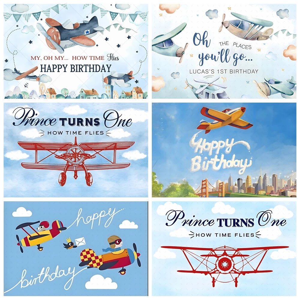 

Cartoon Birthday Airplane Photography Backdrop Custom White Cloud Pilot Adventure Theme Children Boy Baby Shower Decoration Prop