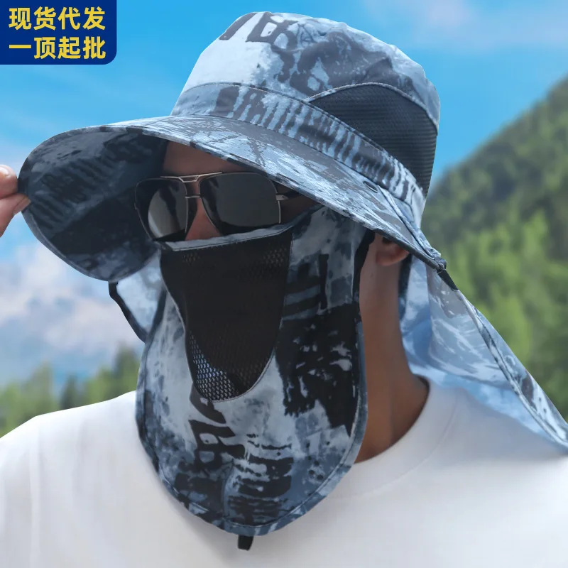 

Hot Selling Men Face Mask Sun Hat Sunscreen Outdoor Fisherman Hat Large Overhang Neck Visor Breathable Fishing Camouflage Hat M7