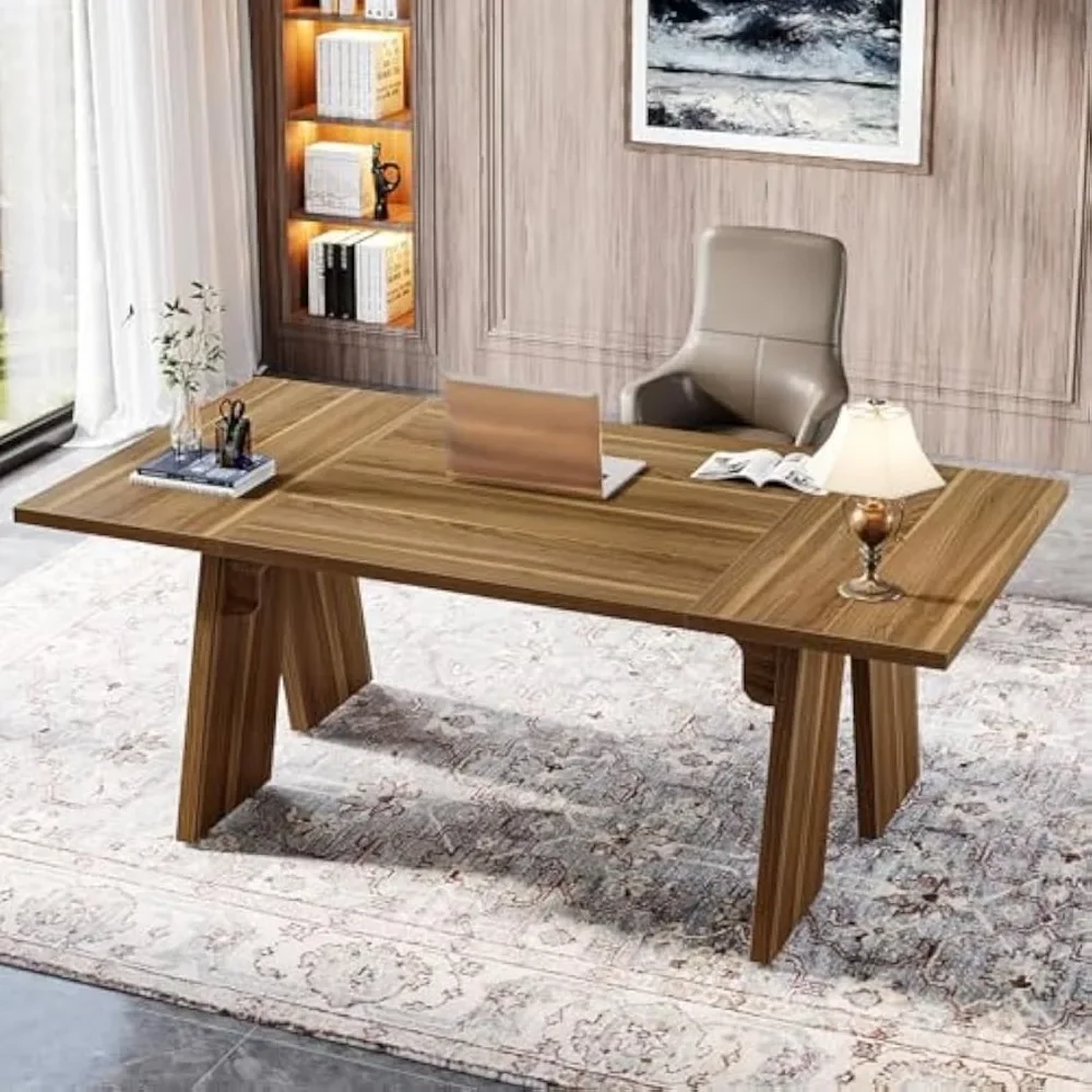 

Executive Desk, Large Office Computer Desk with Thicken Frame, Solid Wood Farmhouse Office Desk Writing Study Desk for Home