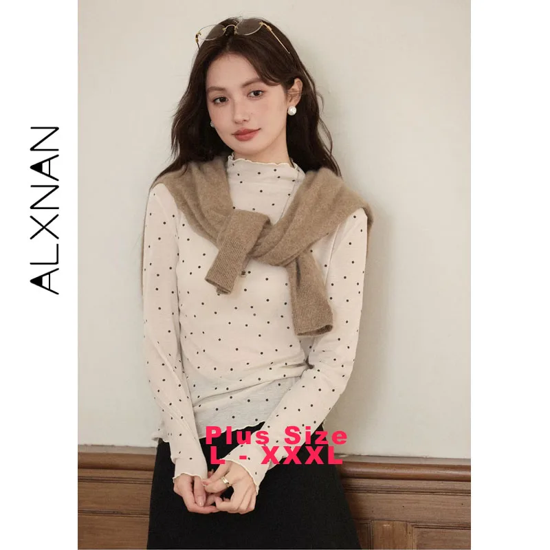 

ALXNAN женский пуловер больших размеров в горошек, водолазка с цветными блоками, тонкая футболка с длинными рукавами, универсальный топ с рюшами, DF58333