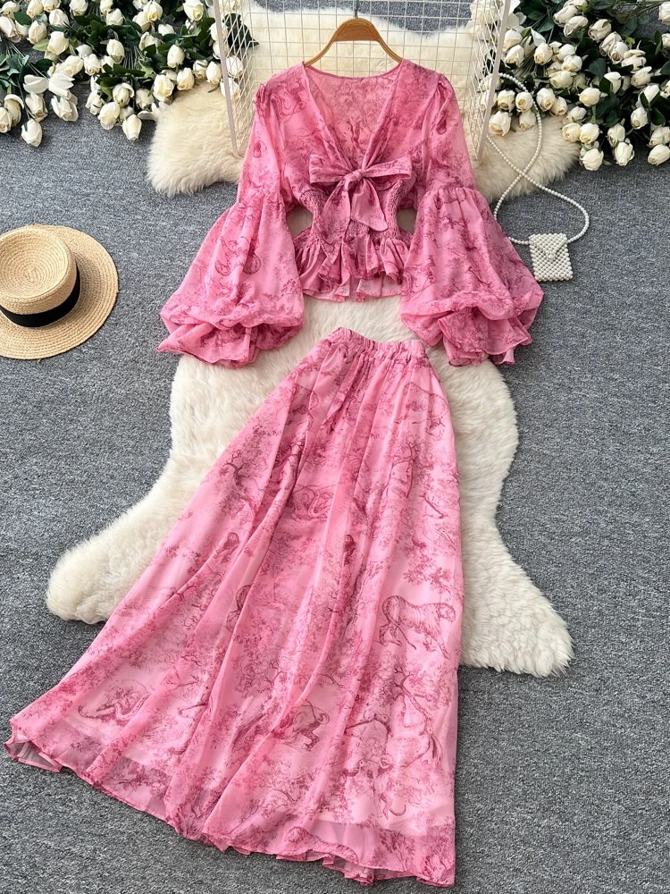 

French style printed temperament two-piece set women's spring V-neck lace up long sleeved top with high waist mesh skirt