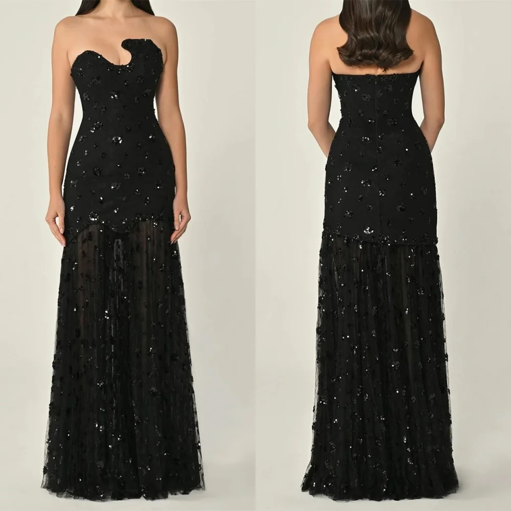 

Customized Exquisite Black Flowers Organza Homecoming Dress High Quality Strapless Mermaid Zipper Back Vestido De Festa