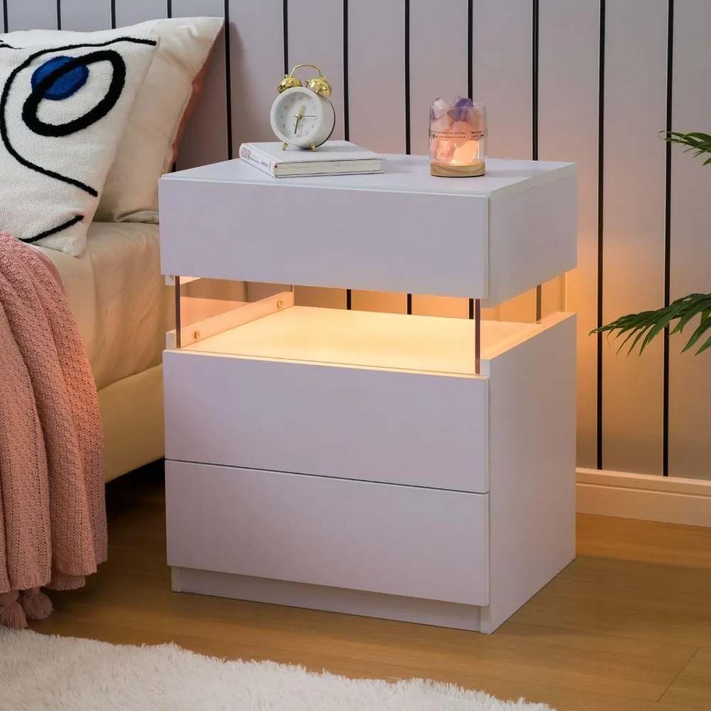 Nachttische mit LED-Beleuchtung, weißer Nachttisch mit 3 Schubladen, Nachttisch für Schlafzimmer
