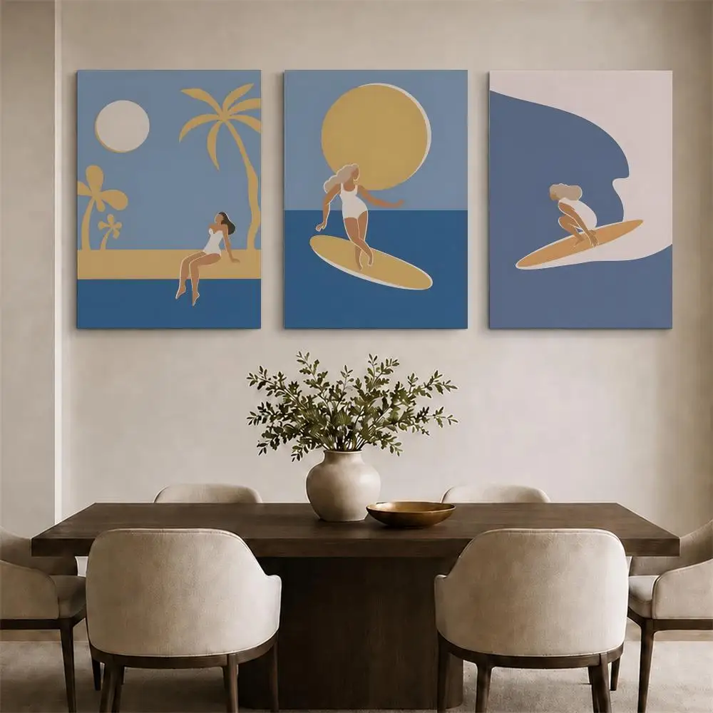 Surfer Beach Sea Framed Wall Painting Ready to Hang Canvas Art Poster for Living Room Bedroom Home Decor Decals
