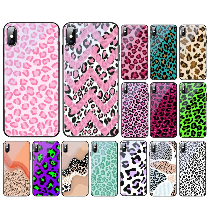 

Colorful Pink Leopard Print Glass phone case For iPhone 15 14 13 Pro Max 12 11 Pro Max XS SE2 Mobile Phone Case Funda