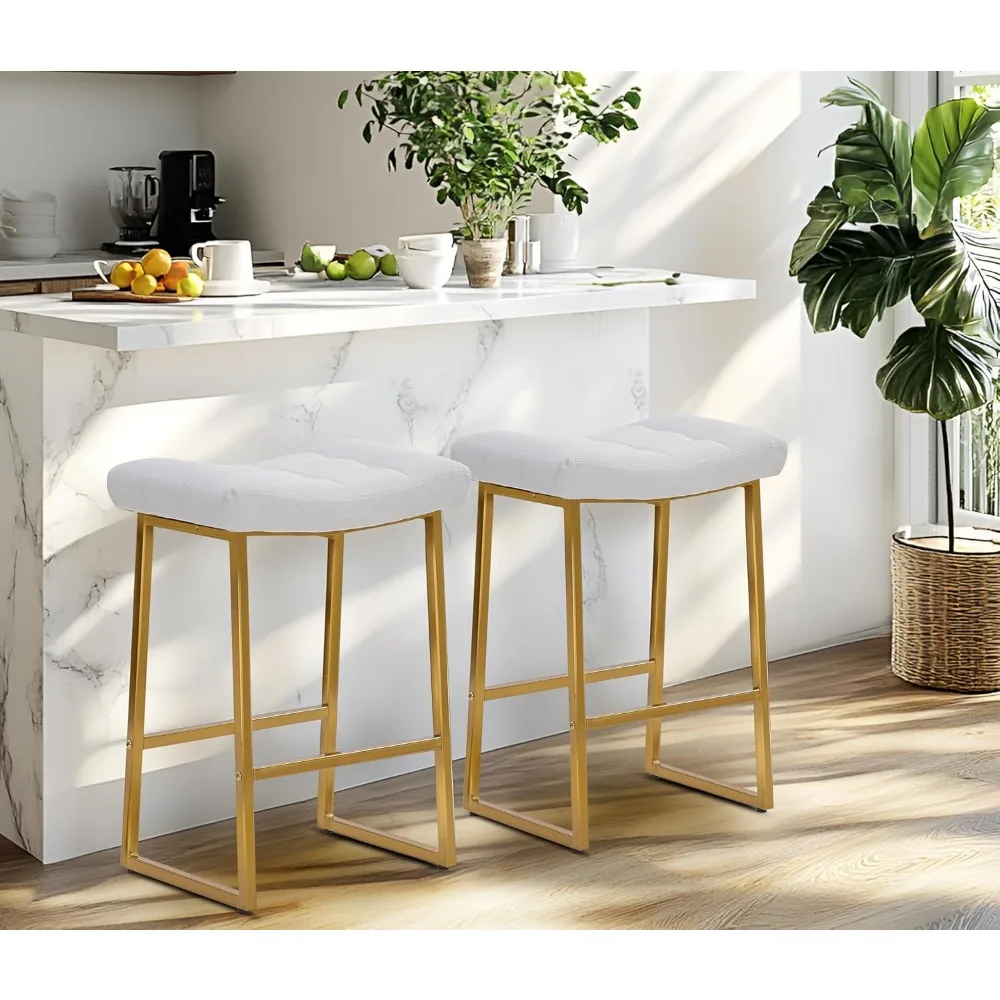 

White & Gold Counter Height Bar Stools Set of 2 for Kitchen Counter Modern Backless Barstools with Upholstered Faux Leather Seat