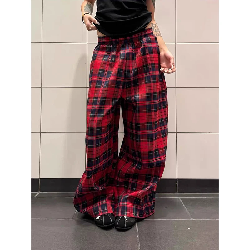 

ZHIZOU 2026 Spring Women Harajuku Plaid Y2k Long Trousers Baggy Jazz Pants Japanese Parachute Pants 2000s Hip-hop Red Sweatpants