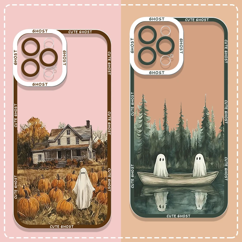 Funny Halloween Theme Cute Ghost Pattern Clear Phone Case for Samsung Galaxy A56 A57 A55 A54 A53 A52 A16 A36 A14 A37 Soft Cover