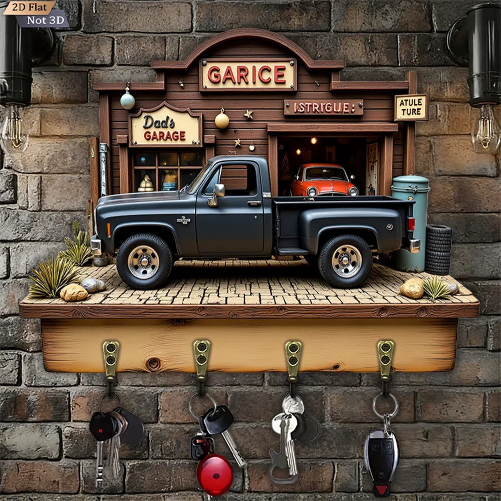 2D Flat, 1pc, Vintage Garage Truck Key Hook, Wooden Multifunctional Home Key Hook, with Four Metal Hooks, Wall Decor, Porch