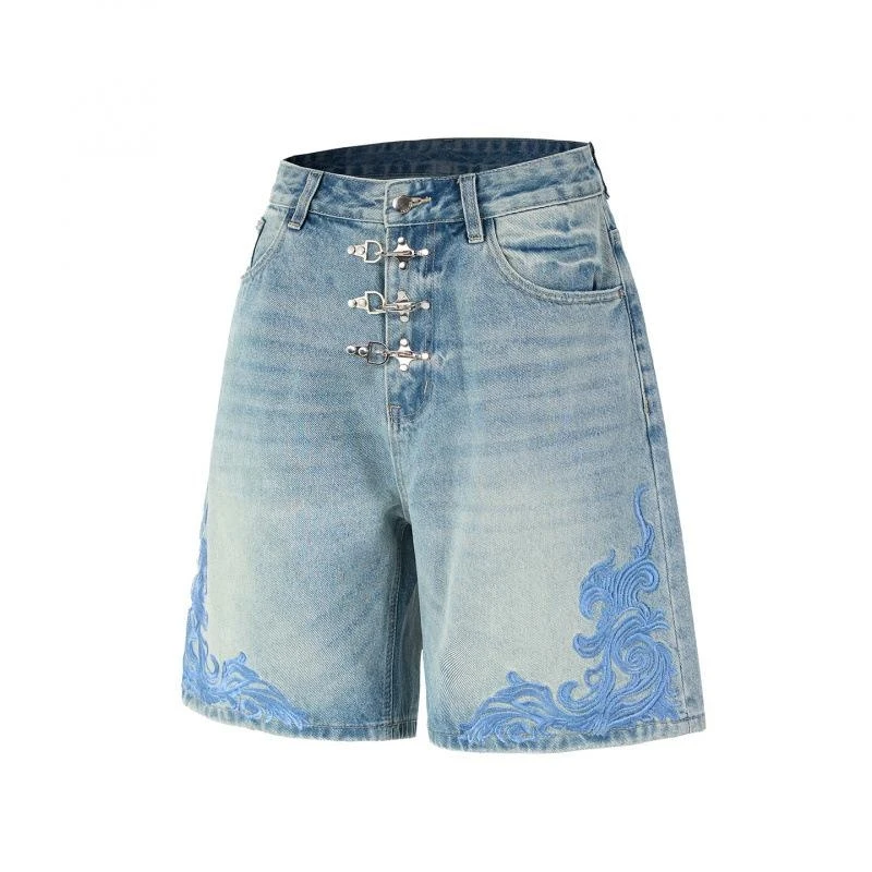 Men's Soft-Colored Denim Shorts in Retro Style with Elegant Baroque Grape Print Design, Relaxed Straight Cut, Versatile Fashion,