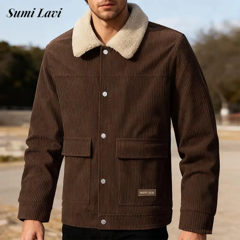 

Trendy Mens Corduroy Fleece Liner Jacket Coat Winter Warm Thickened Outerwear For Men 2026 Spring Fashionable Button Lapel Coats
