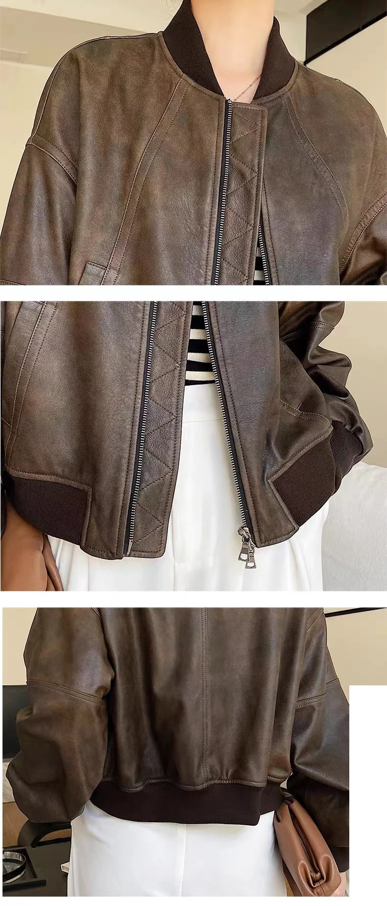 Leather Cropped Bomber Jacket For Women 2023 Winter European Old Money Designer Female Distressed Sheepskin Short Coat Outwear