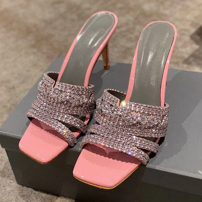 Shiny Rhinestone Slippers Women Square Toe High Heels Lazy Sandals Sexy Stiletto Sandalias Summer Slides Outdoor Vacation Shoes