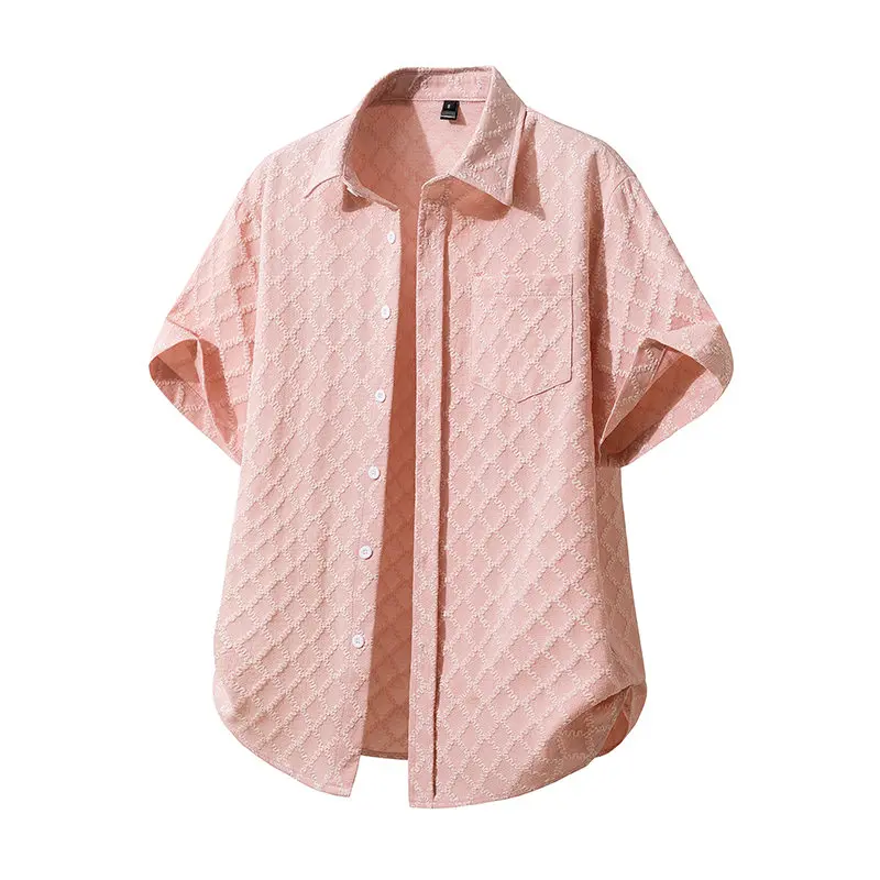 New Summer Men's Diamond grid Short Sleeve Hawaiian Shirt Casual Solid Beach Holiday Fashion Stylish Office Work Business